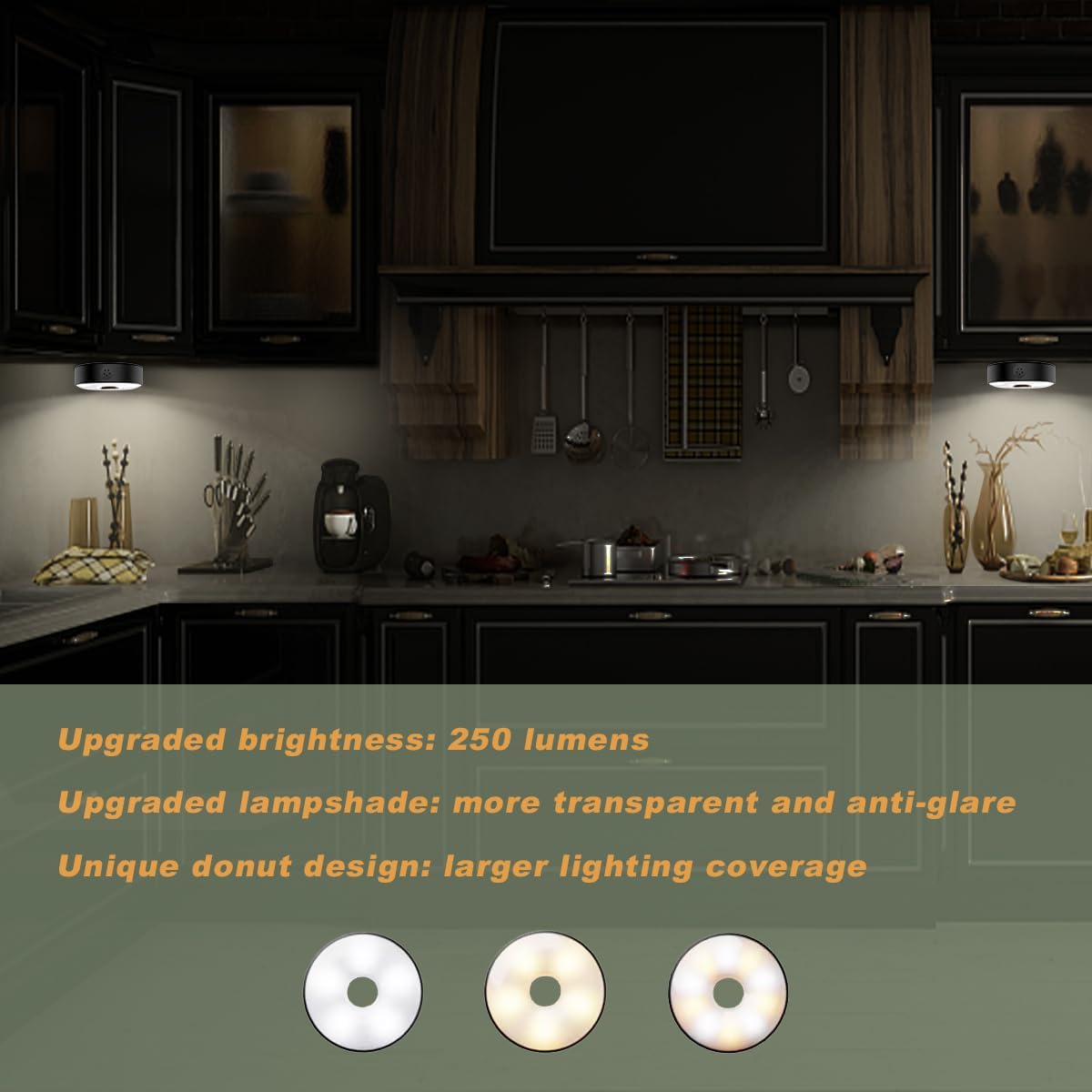 Luces de disco con control remoto, luces para debajo del gabinete, luces de armario con batería de 1600 mAh, paquete de 4, iluminación magnética