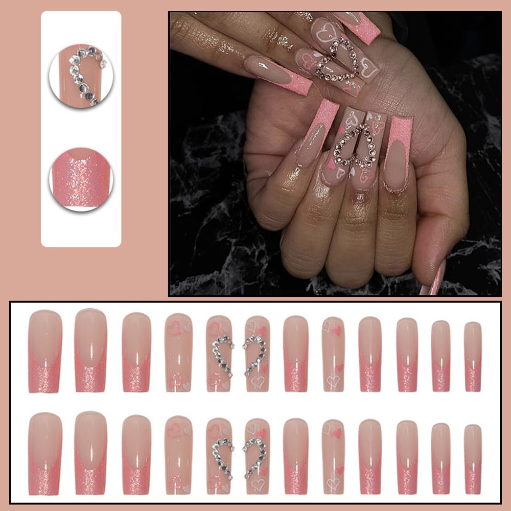 Uñas postizas largas a presión, color rosa, estilo ataúd, francesas, cobertura completa, con purpurina, uñas postizas acrílicas con diamantes de