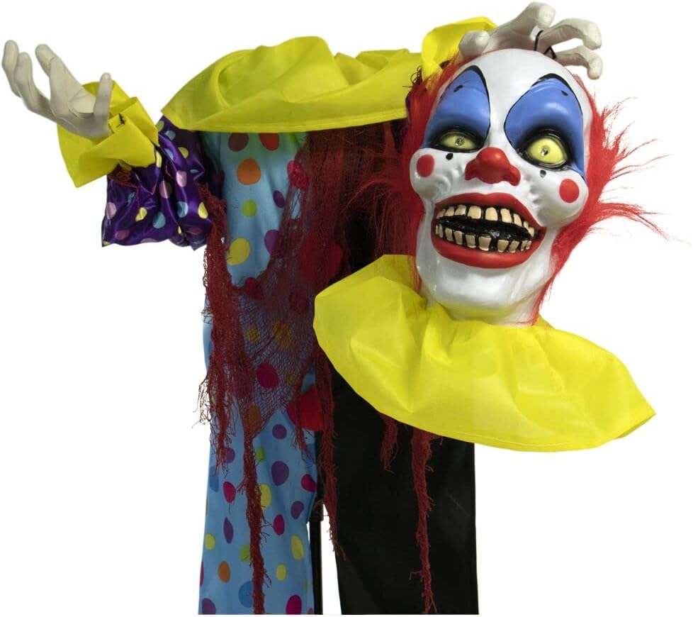 Haunted Hill Farm Payaso parlante animatrónico de tamaño real con luces y sonidos activados por el tacto, funciona con pilas, decoración de