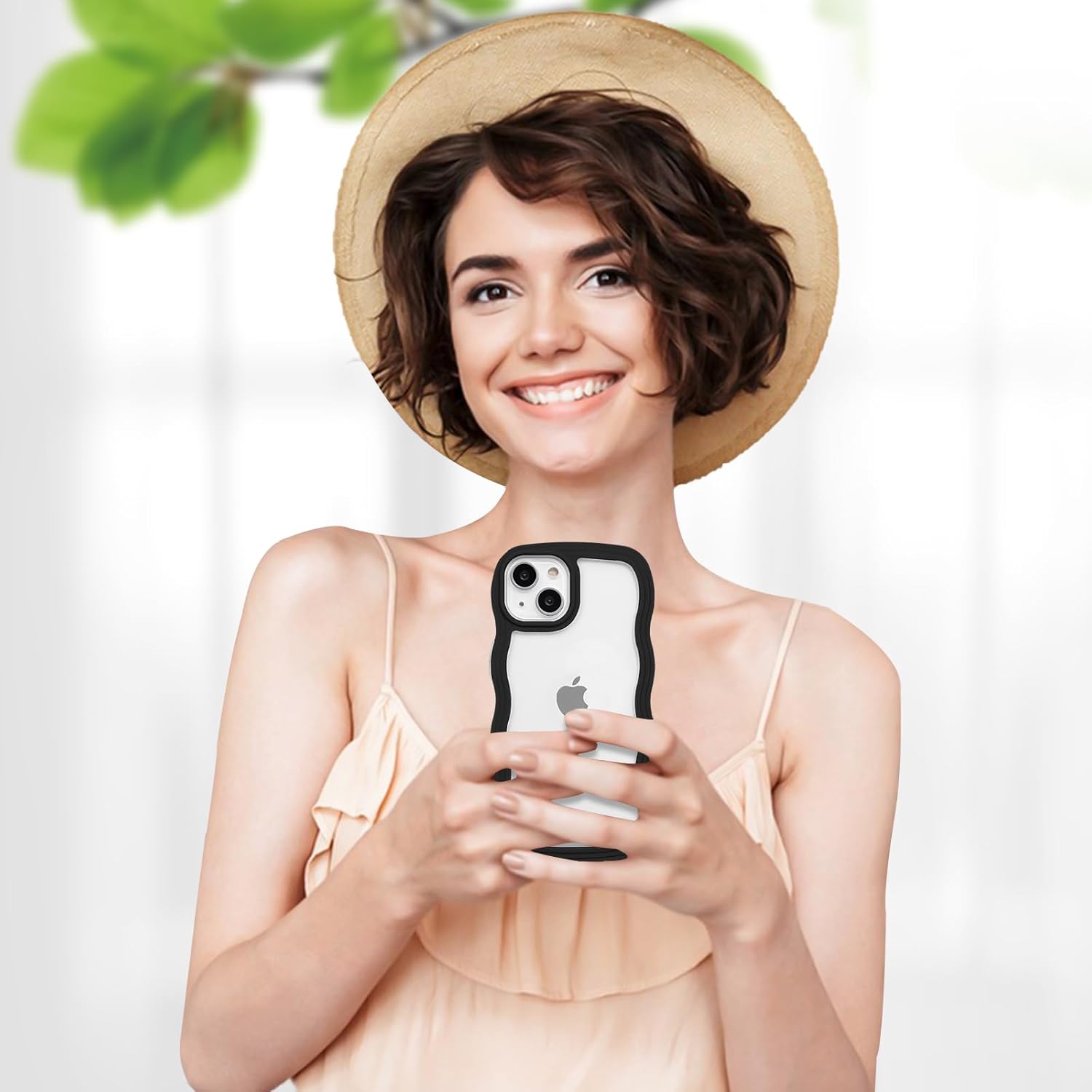 Anuck Funda para iPhone 13 con borde ondulado, diseño de espalda transparente, agarre antideslizante, forma de marco rizado, a prueba de golpes, TPU