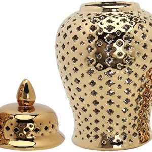 HOMSFOU Tarro de jengibre de cerámica con tapa tallada celosía decorativa tarro de templo moderno de cerámica ahuecado tarro de jengibre florero HOMSFOU Tarro de jengibre de cerámica con tapa tallada celosía decorativa tarro de templo moderno de cerámica ahuecado tarro de jengibre florero