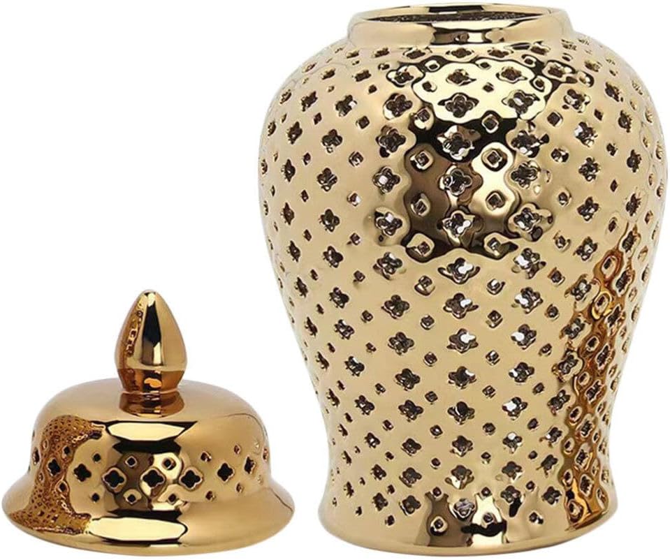 HOMSFOU Tarro de jengibre de cerámica con tapa tallada celosía decorativa tarro de templo moderno de cerámica ahuecado tarro de jengibre florero
