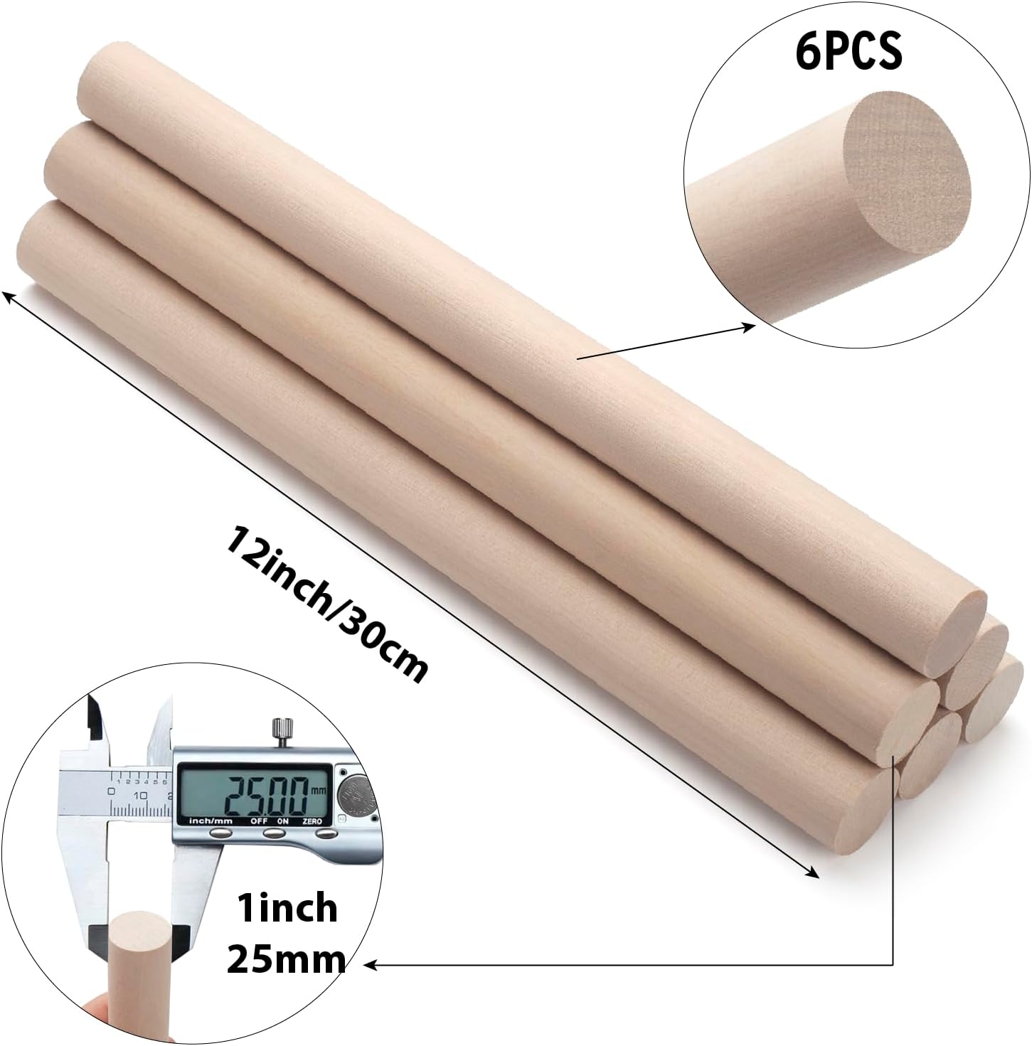 Varillas de madera para manualidades, 6 varillas redondas de madera de 1 x 12 pulgadas, pasador grueso de macramé para proyectos de manualidades,