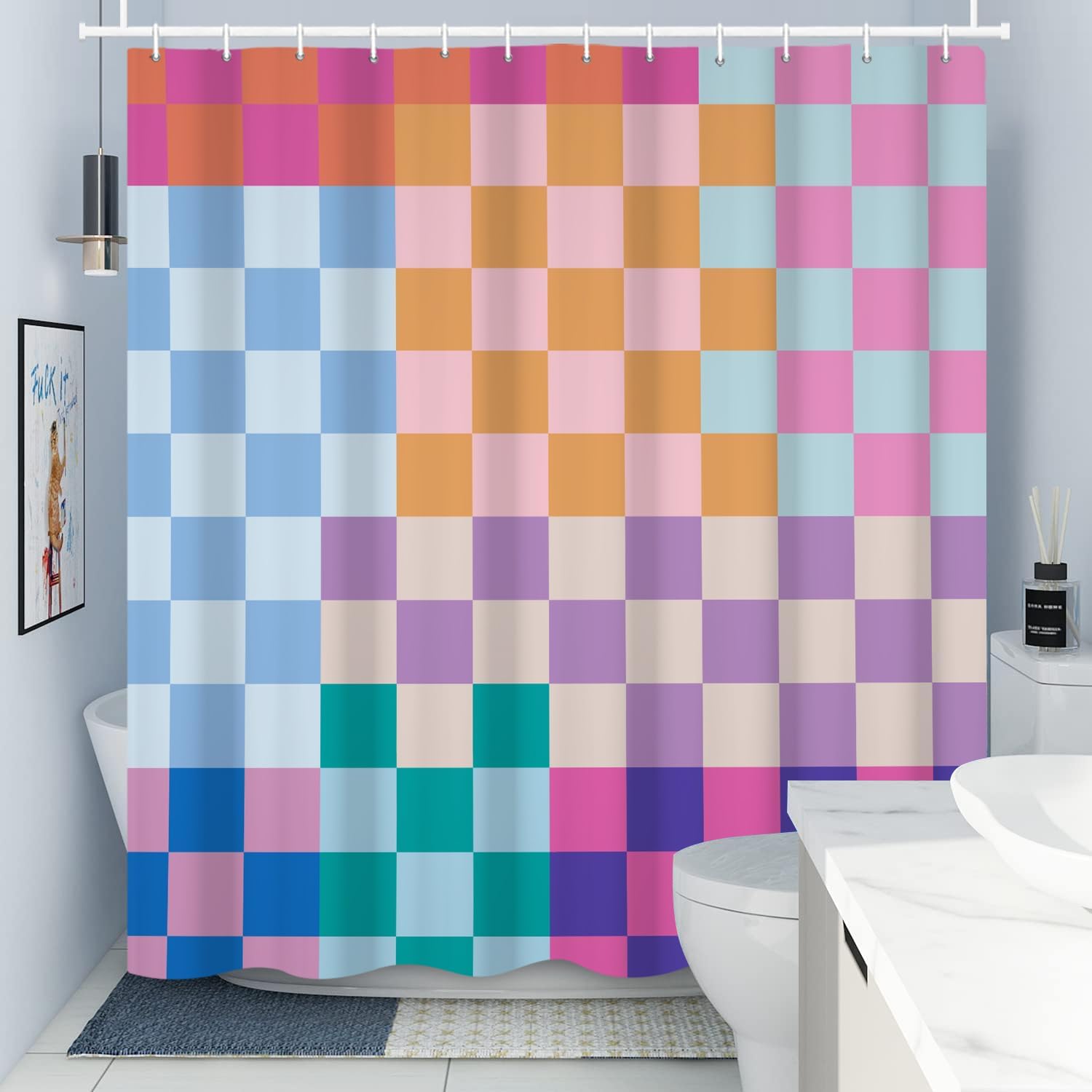 Cortina de ducha retro a cuadros, cortinas de ducha estéticas coloridas para baño, 60 pulgadas de ancho x 72 pulgadas de alto, bonita cortina de