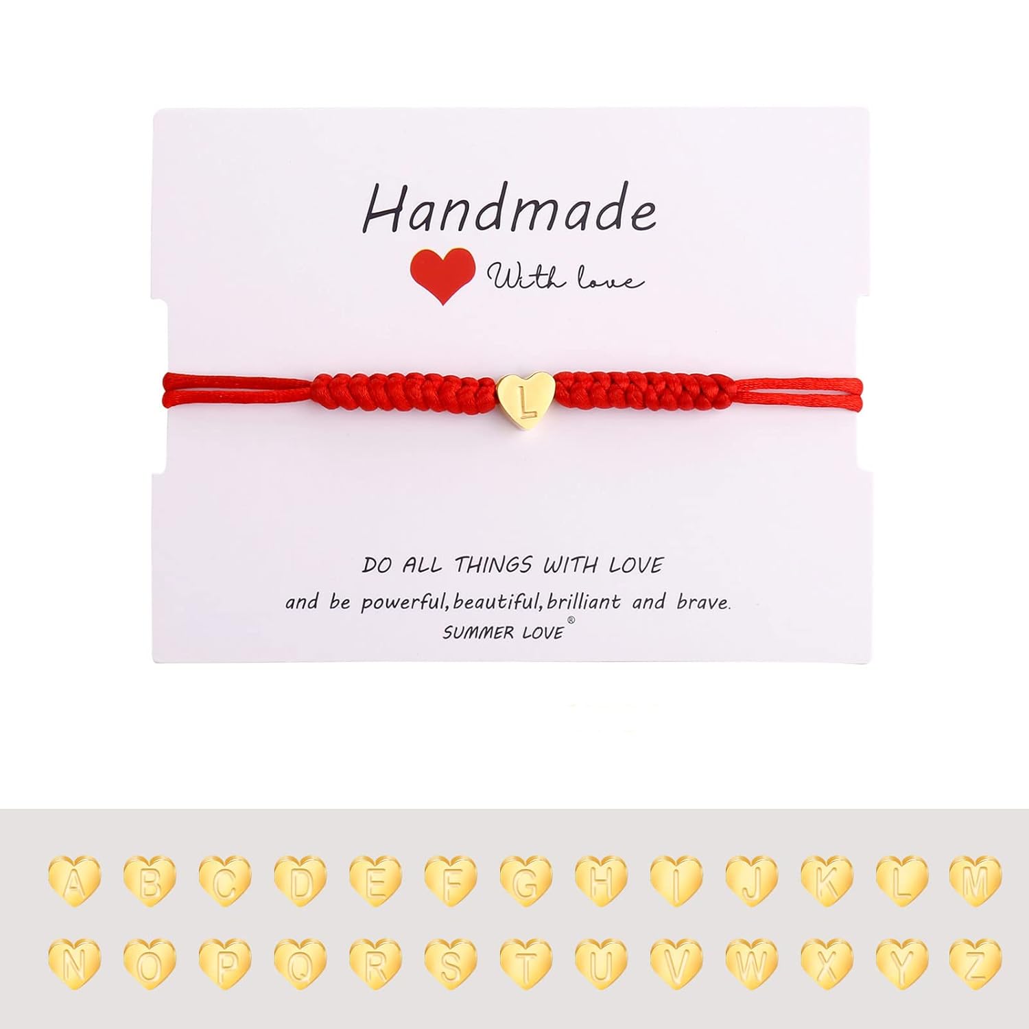 Dainty Gold Heart Love Charm Initial Bracelet Black Pink Red String Rope Letter Bracelet for Girls Boys Women Men Christmas Gift (Red, J)