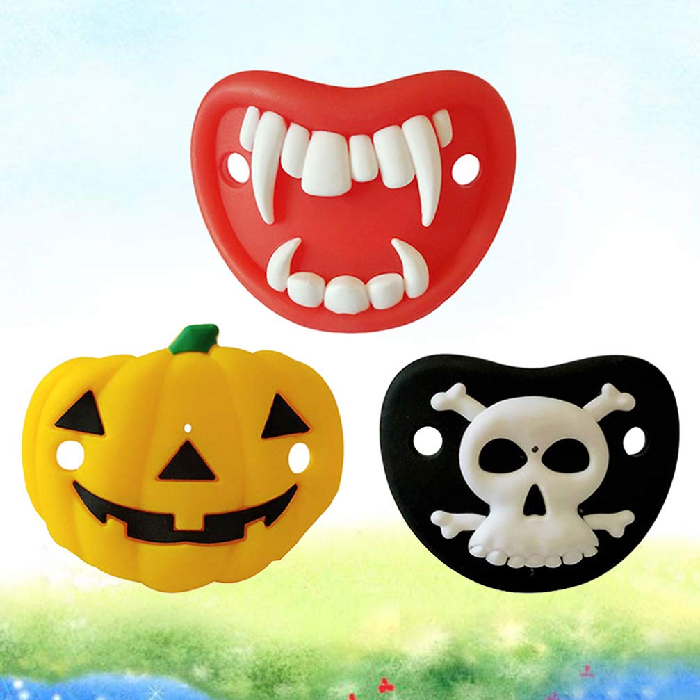 Kisangel Chupetes divertidos de calabaza y esqueleto, vampiros, colmillos en forma de chupón, chupón para bebé, chupón para fiesta de Halloween