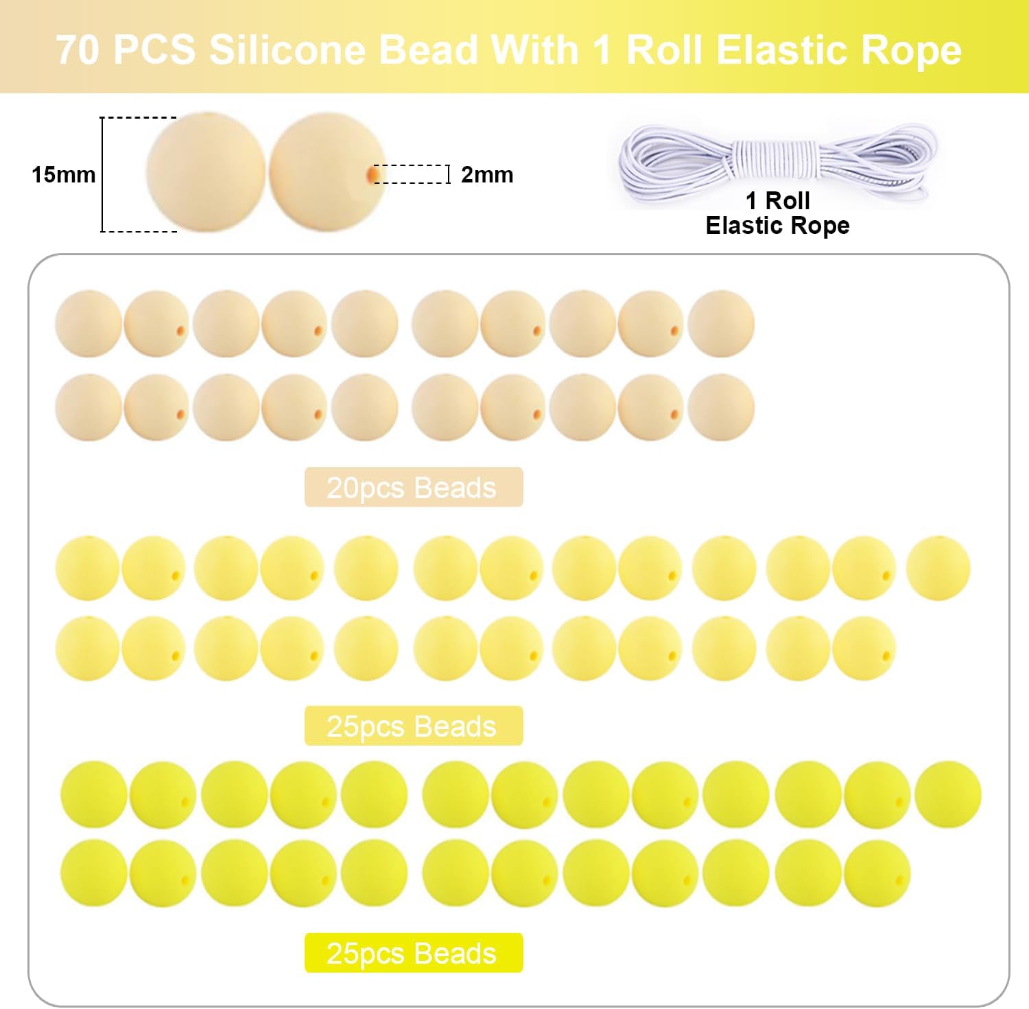 70 cuentas de silicona de color amarillo degradado, cuentas redondas de silicona de 0.59 pulgadas para hacer llavero, pulsera, collares, cuentas de