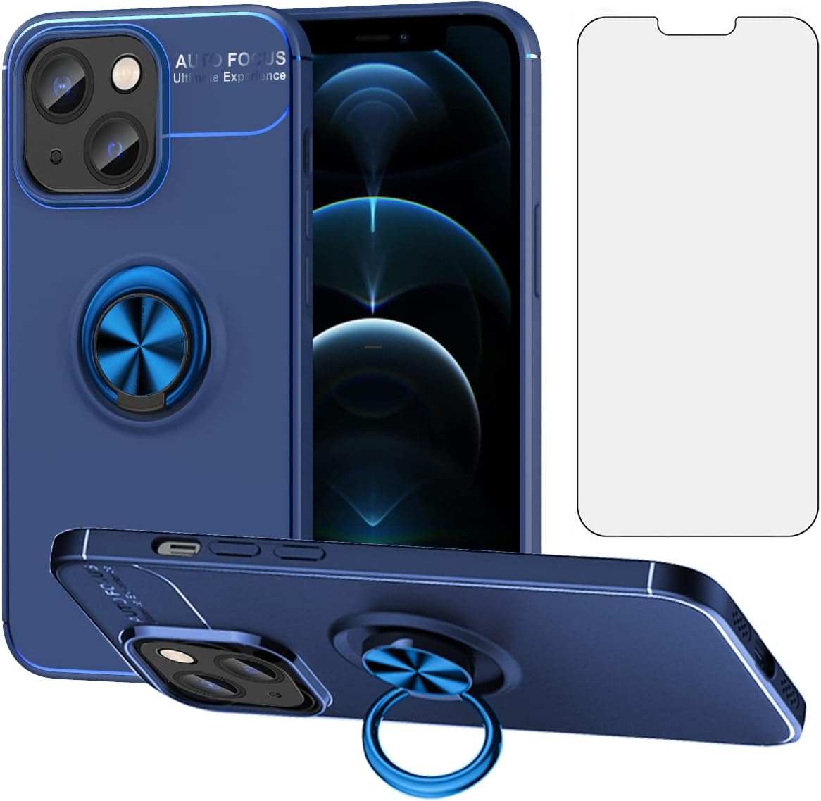 Asuwish Funda de teléfono para iPhone 13 de 6.1 pulgadas con protector de pantalla de vidrio templado y soporte de anillo híbrido, accesorios de