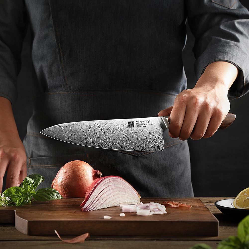 XINZUO Cuchillo de chef de acero de Damasco de 8.3 pulgadas, 110 capas, cuchillo de cocina profesional forjado a mano, espiga completa, cuchillo