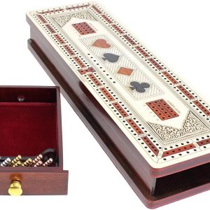 Tabla continua de 3 pistas para cuna en arce y madera de sangre. Símbolos de tarjetas con incrustaciones (trajes) + cajón de almacenamiento para Tabla continua de 3 pistas para cuna en arce y madera de sangre. Símbolos de tarjetas con incrustaciones (trajes) + cajón de almacenamiento para