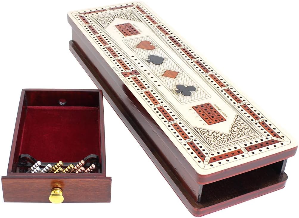 Tabla continua de 3 pistas para cuna en arce y madera de sangre. Símbolos de tarjetas con incrustaciones (trajes) + cajón de almacenamiento para