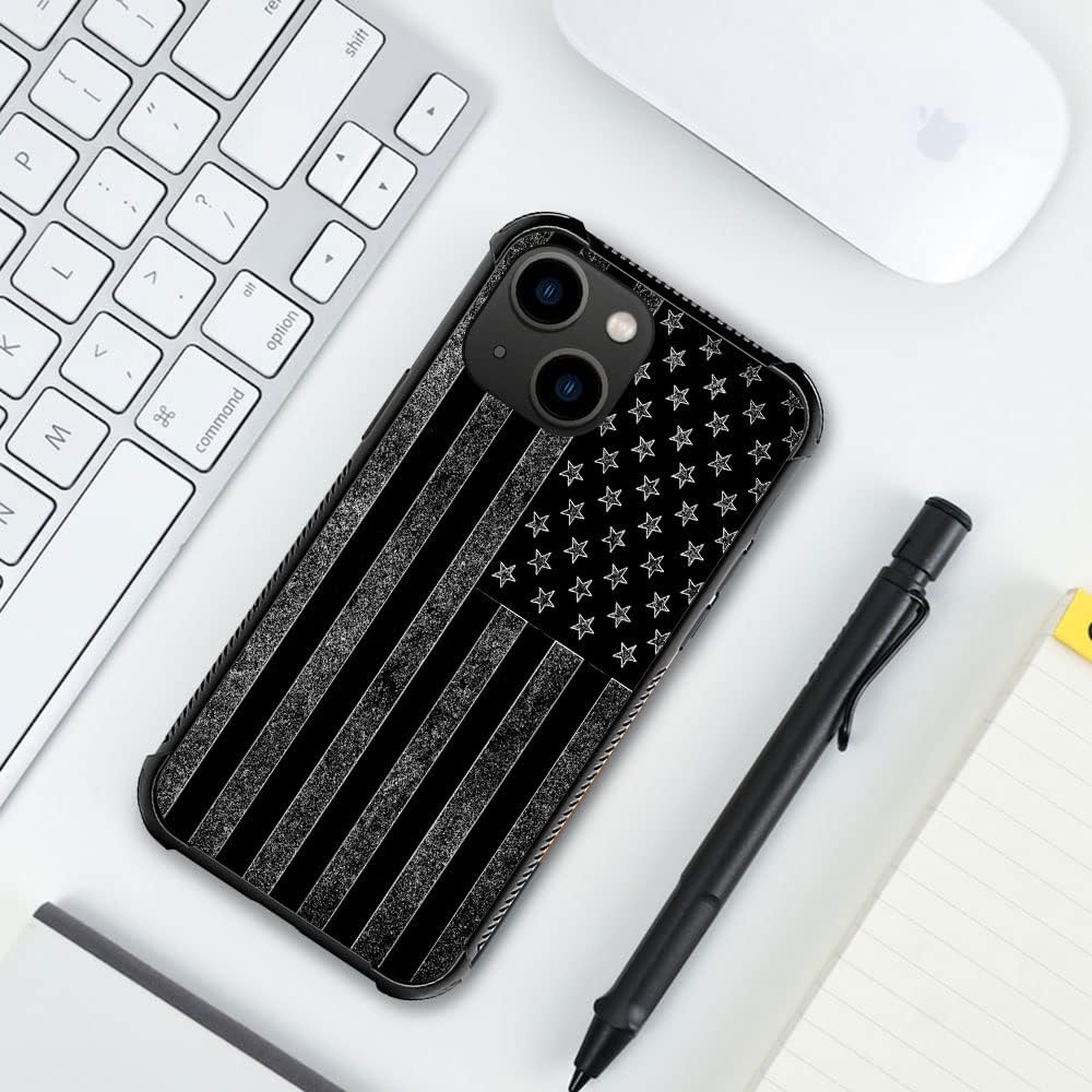 ZHEGAILIAN Funda compatible con iPhone 14 Plus, funda de bandera estadounidense en blanco y negro, parte trasera de vidrio templado + funda