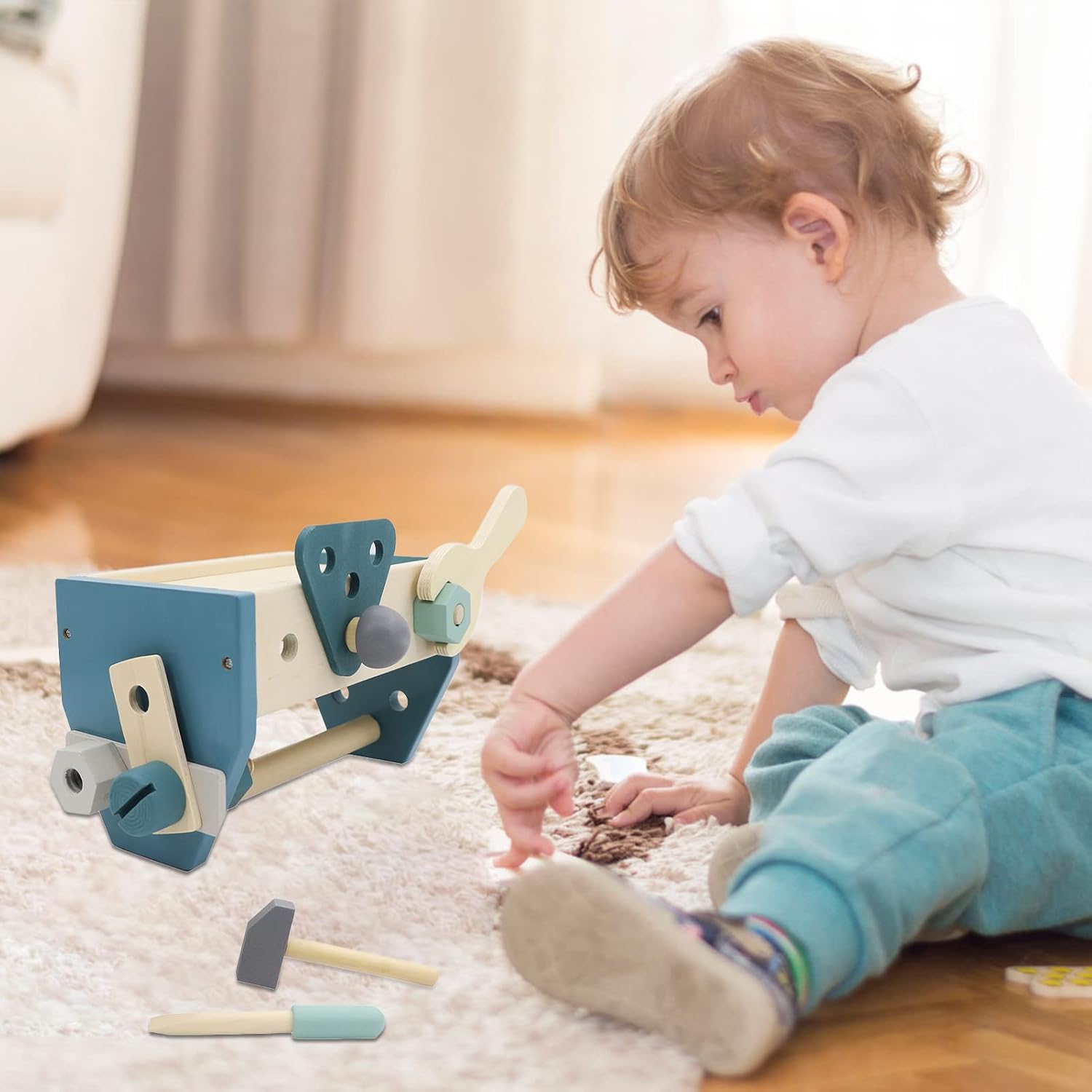 Montessori Herramientas de madera para niños pequeños, juegos de juguetes educativos para niños, caja de juego preescolar (azul)