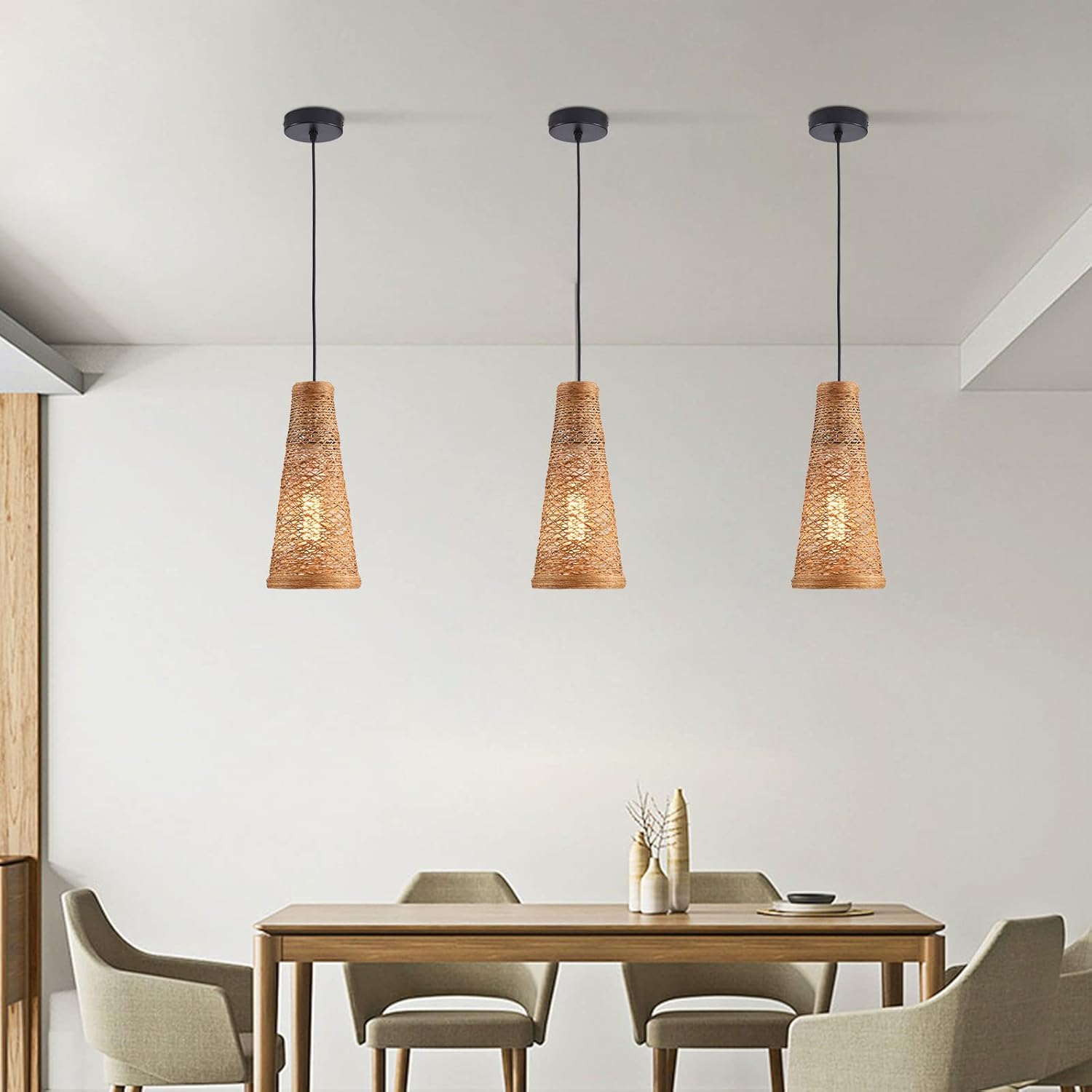 3 mini luces colgantes tejidas, moderna lámpara colgante costera bohemia con pantalla de ratán tejida a mano, accesorio de iluminación colgante para