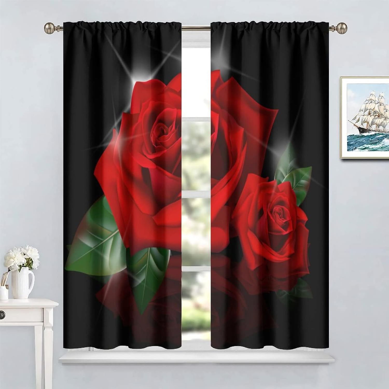Cortinas de rosas rojas, con estampado romántico de rosas de San Valentín, color rojo burdeos y negro, para mujeres y niñas, decoración del hogar, 2