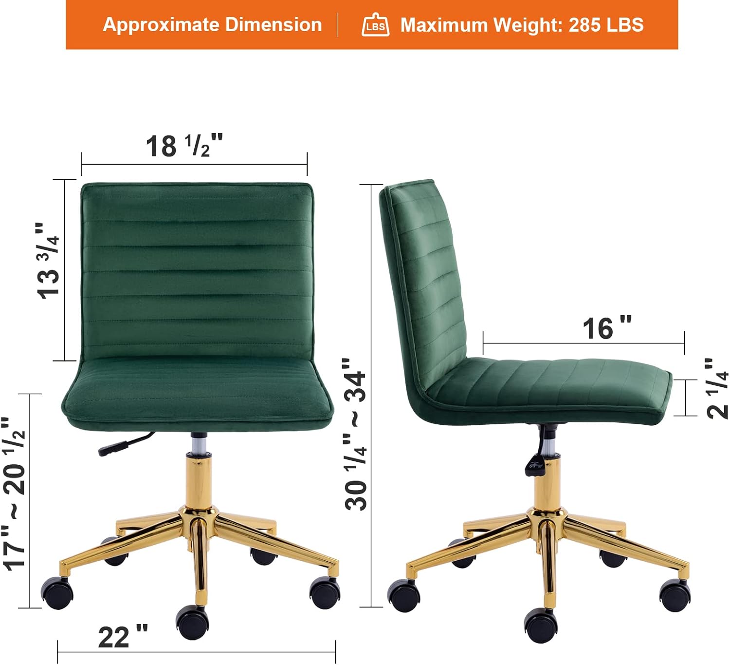 Furnimart Silla de escritorio de terciopelo sin brazos para oficina en casa, sillas de tareas ajustables, silla de oficina tapizada giratoria