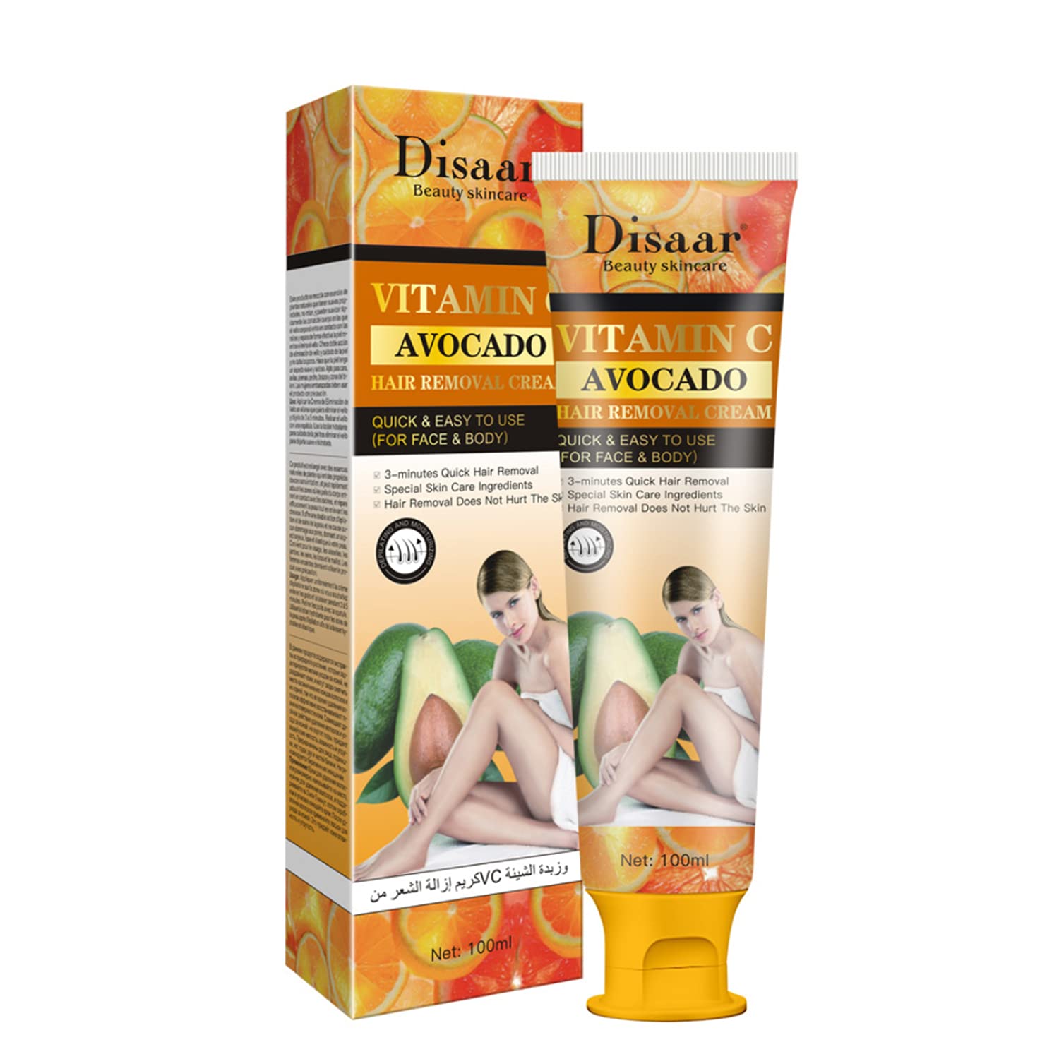 DISAAR BEAUTY Vitamina C Aguacate Cara Cuerpo 3 minutos Depilación Rápida Crema Depilación Hidratante Piel 3.4 fl oz