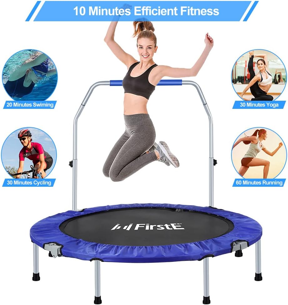 FirstE Mini trampolín de fitness de 50 pulgadas para adultos, trampolín plegable de ejercicio con 5 niveles de mango de espuma ajustable, trampolín