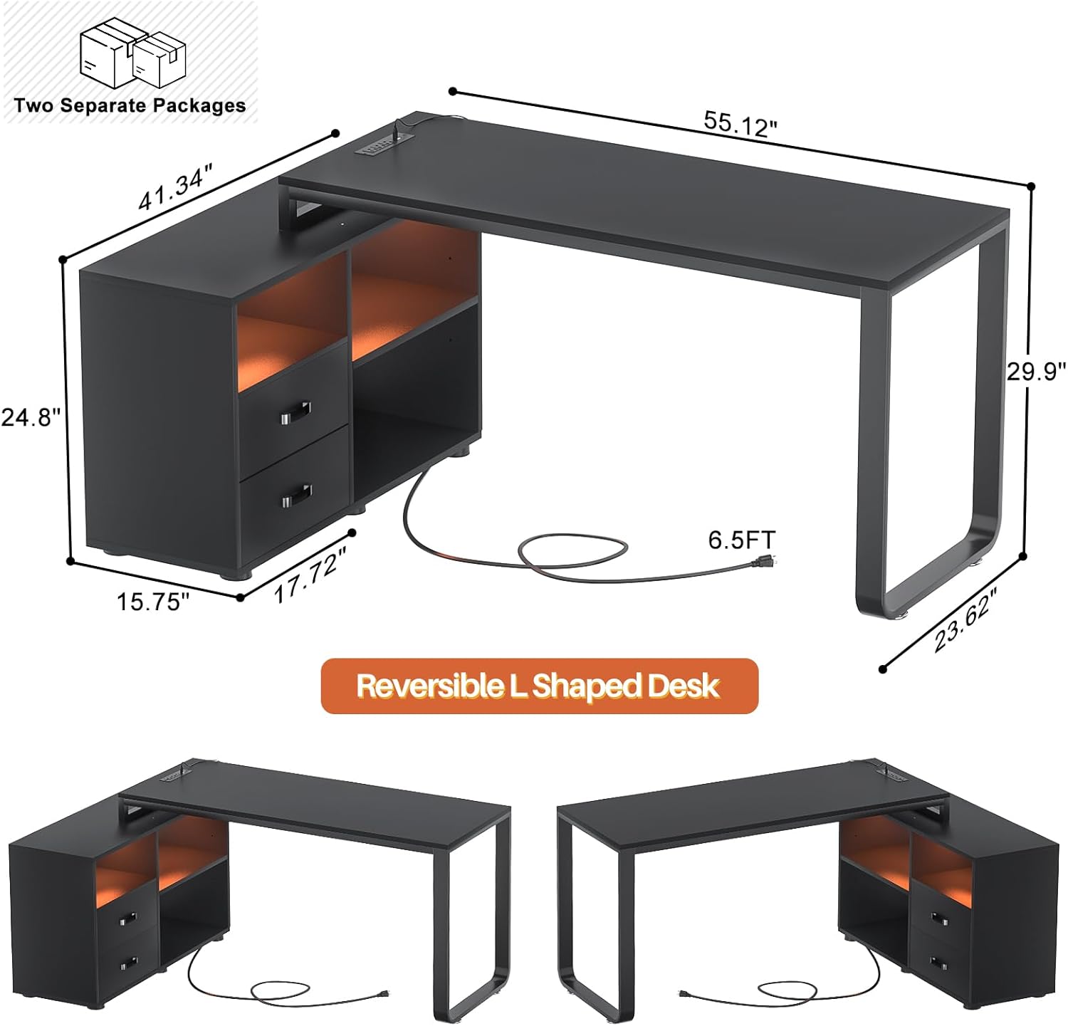 Homieasy Escritorio en forma de L con archivador y toma de corriente, escritorios reversibles de esquina grandes de 55 pulgadas con tira LED,