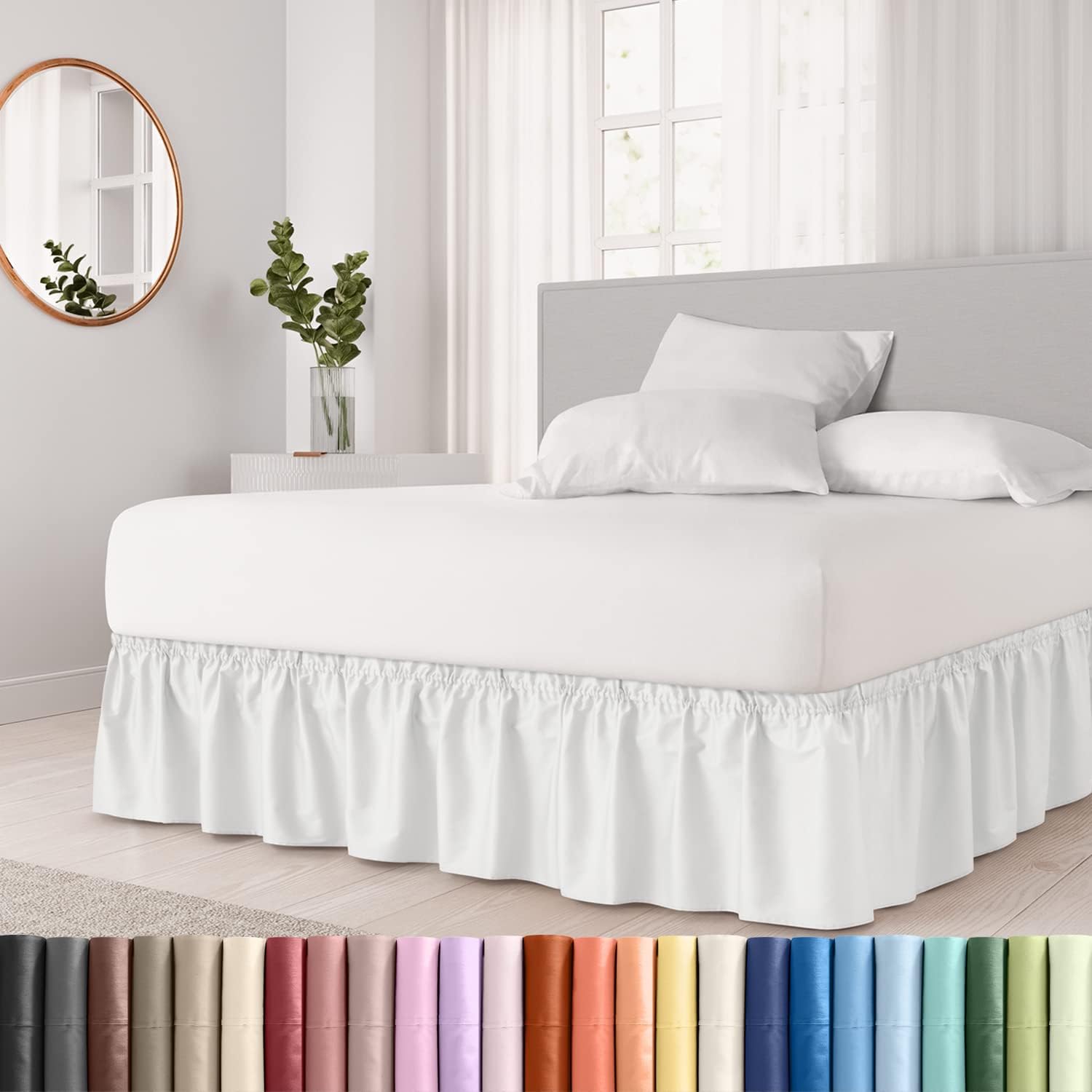 CGK Linens – Falda de cama envolvente con volantes, color blanco, para camas de tamaño Queen con caída de 12 pulgadas, correa elástica de fácil