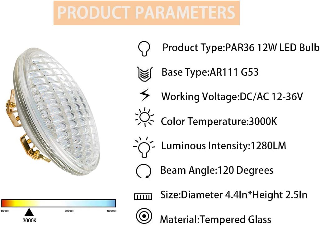 PAR36 Bombilla LED de 12 W para paisaje, 80 W, halógena de repuesto para paisaje, bombillas LED de 12 V CACC de 3000 K, luz blanca cálida, LED PAR36
