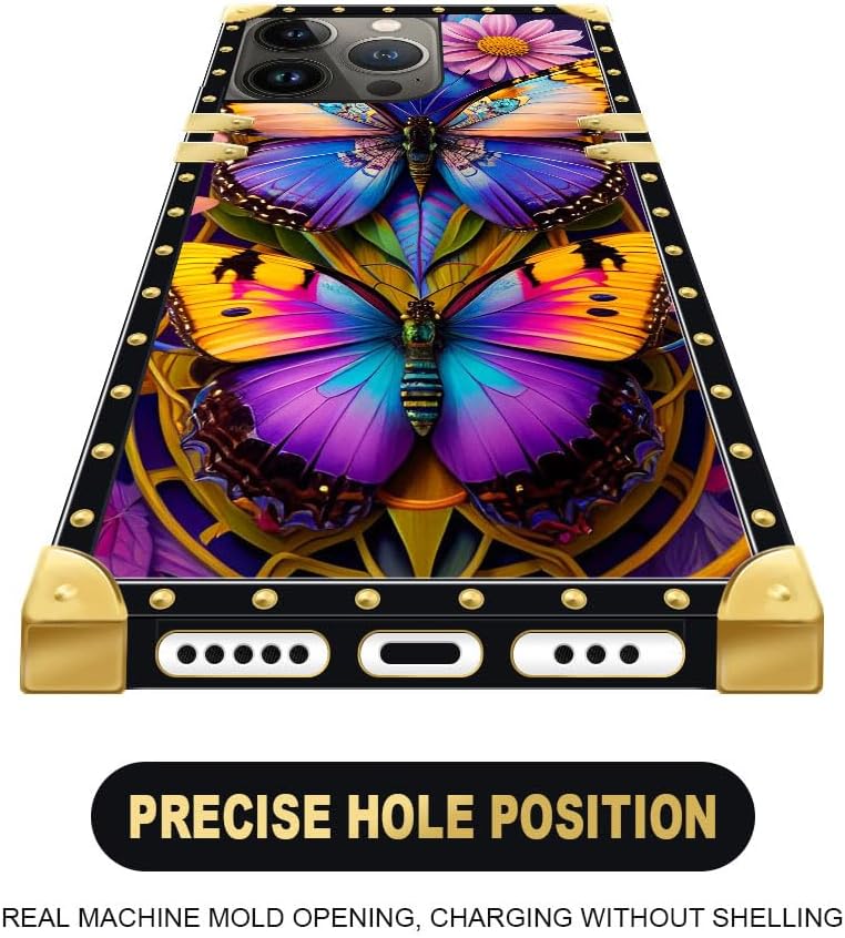 Funda cuadrada compatible con iPhone 15 Pro Max (6.7 pulgadas), hermosa mariposa Flosers dorada, de lujo, suave TPU duro, parte trasera de