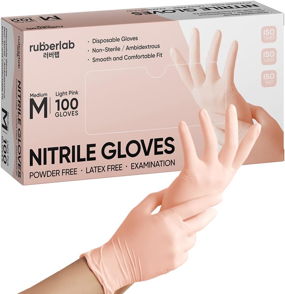 Guantes desechables de nitrilo, rosa, mediano, 3.5 mil, 0.16 oz de grosor, sin polvo, examen médico, grado alimenticio (100 unidades)