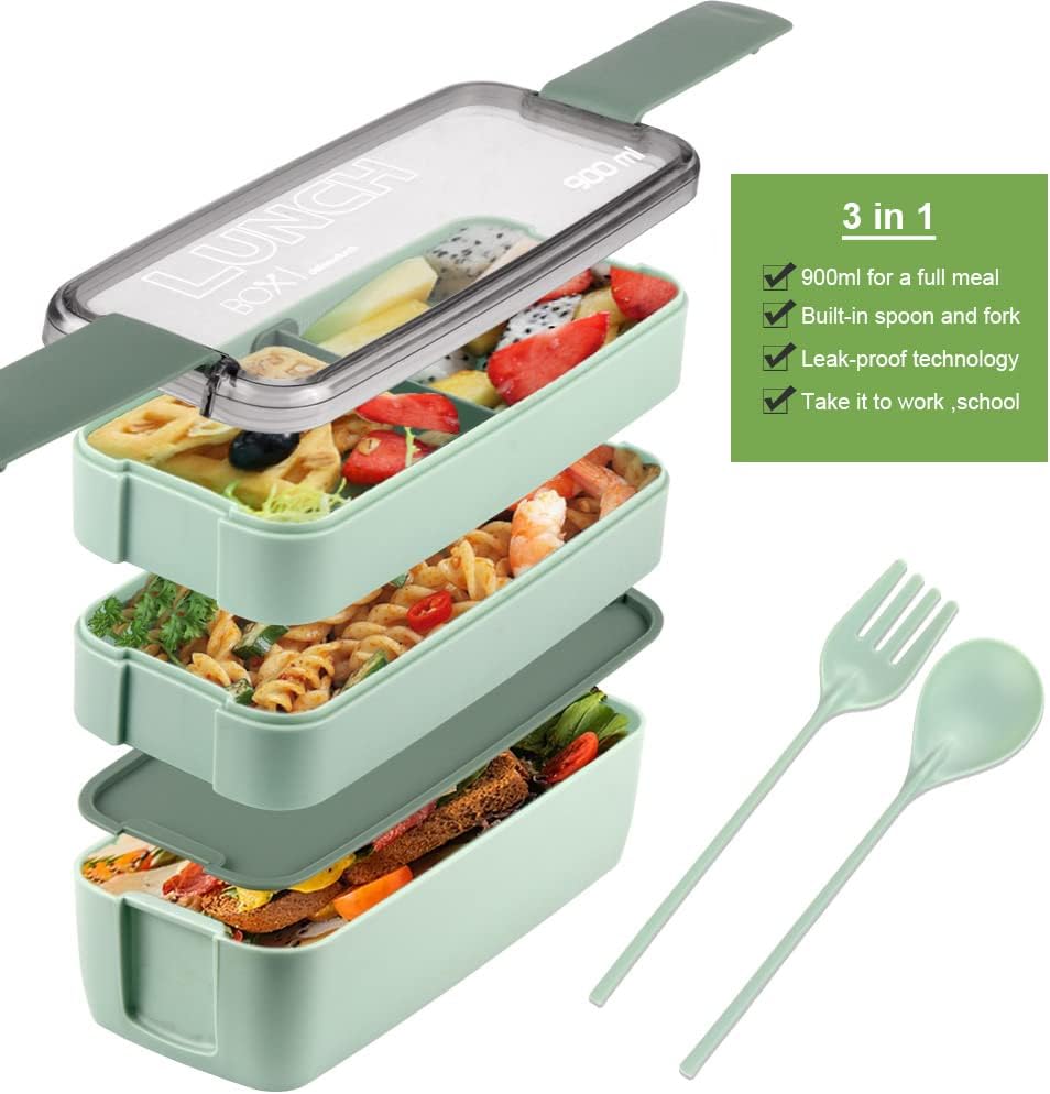 Iteryn Lonchera Bento Box, contenedores con compartimentos 3 en 1, popote de trigo, a prueba de fugas, ecológica, lonchera Bento para preparación de