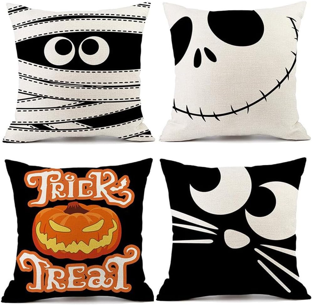 Juego de 4 fundas de almohada decorativas de Halloween de 18 x 18 pulgadas, decoración de Halloween para interiores y exteriores, fundas de almohada