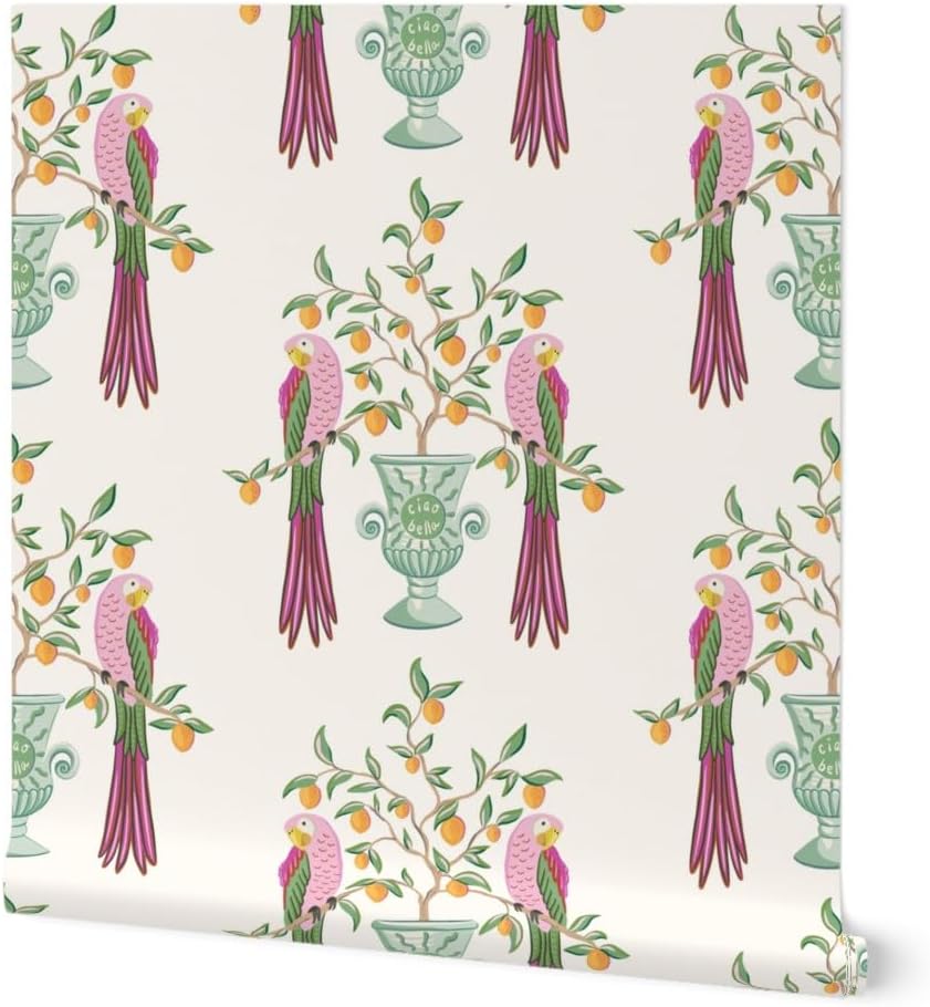 Spoonflower Muestro de papel tapiz extraíble  Pájaros botánicos Loro tropical Cítricos Floral Caprichoso vid Hojas Naranja Limón Italiano Papel