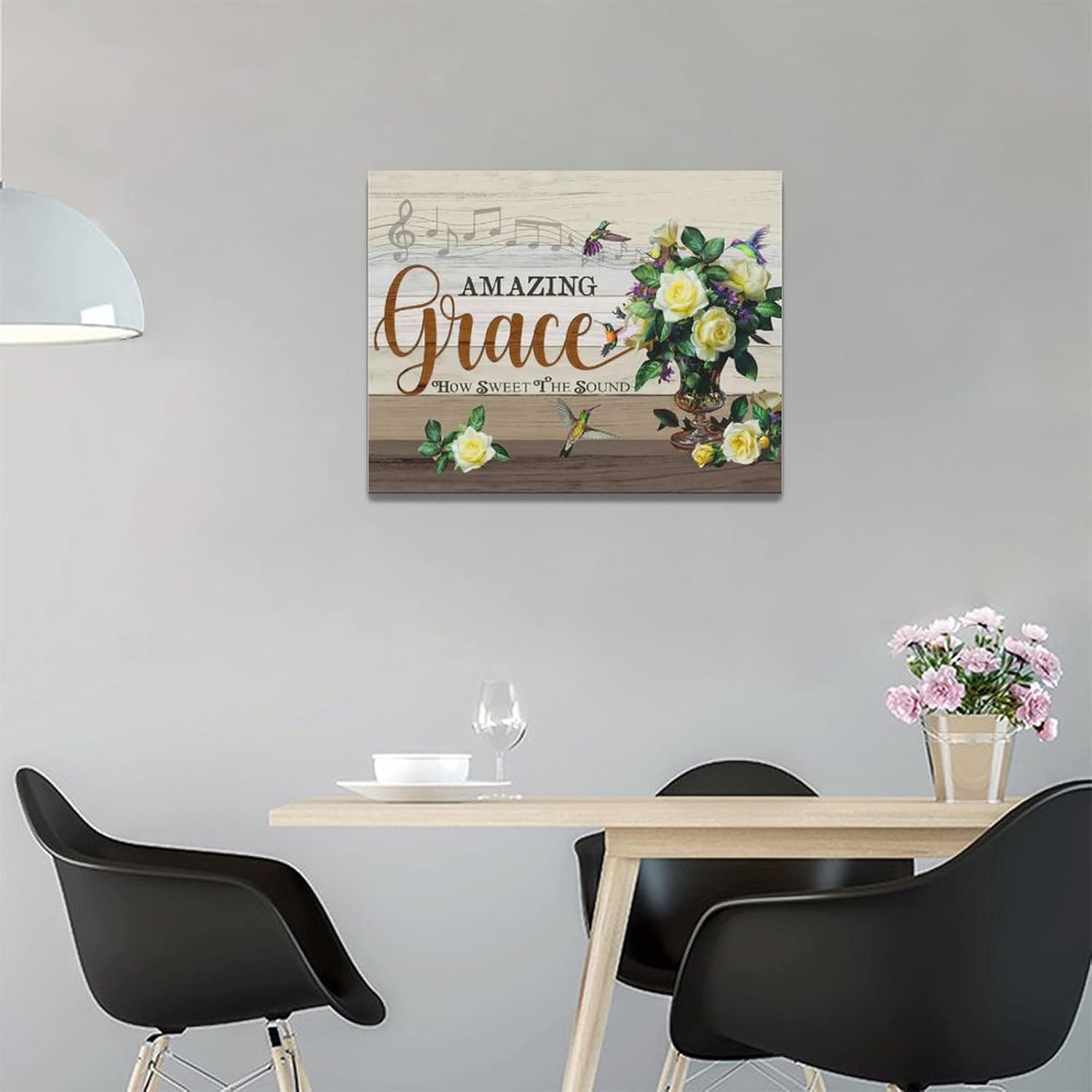 Decoración de pared floral de granja, flores rústicas de colibrí, arte de pared, pintura de gracia increíble, lienzo enmarcado para el hogar, baño,
