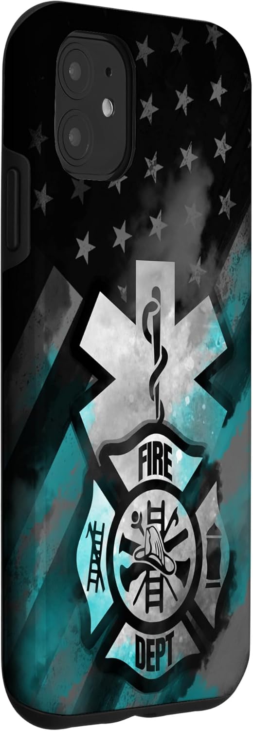 iPhone 11 EMT EMS bombero turquesa línea humo usa bandera americana caso