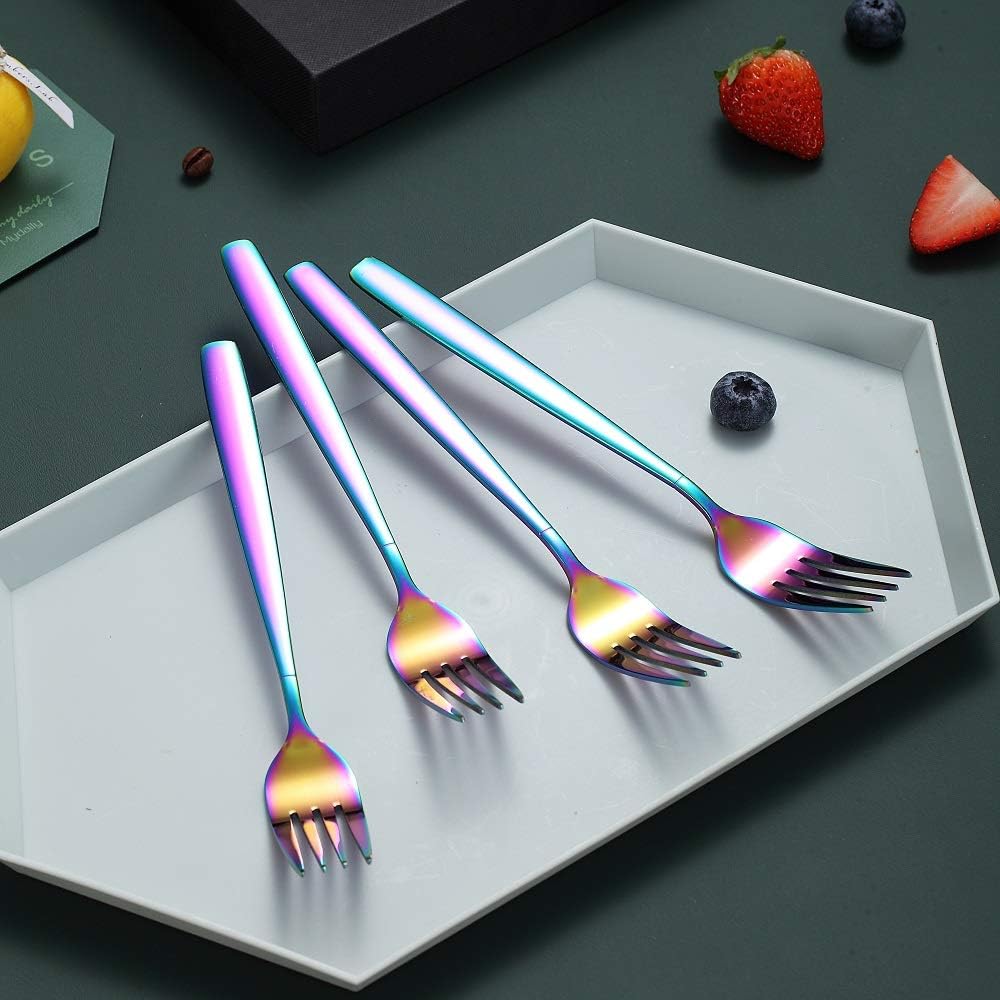 HOMQUEN – Juego de 4 tenedores de cena Rainbow de acero inoxidable resistente de 7.8 pulgadas, diseño moderno, tenedor de mesa chapado de titanio,