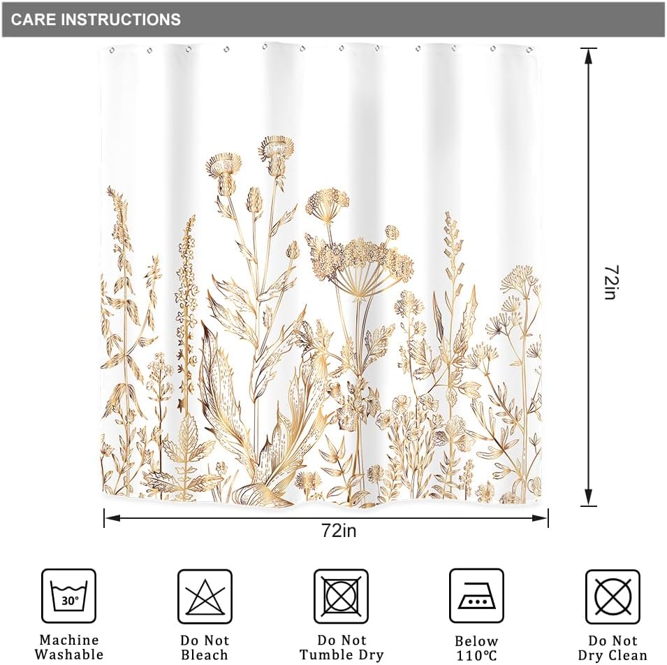 Riyidecor Cortina de ducha con flores silvestres florales de oro blanco para decoración de baño, 72 pulgadas de ancho x 72 pulgadas de alto, hierbas
