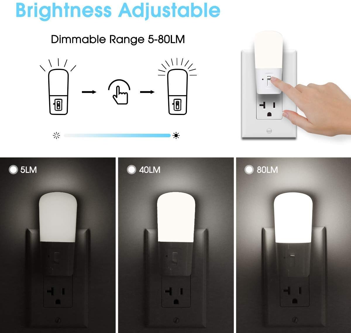 LOHAS – Luz nocturna LED enchufable con sensor de anochecer a amanecer, paquete de 2 luces diurnas de 5000 K, 5 lm a 80 lúmenes, luz nocturna
