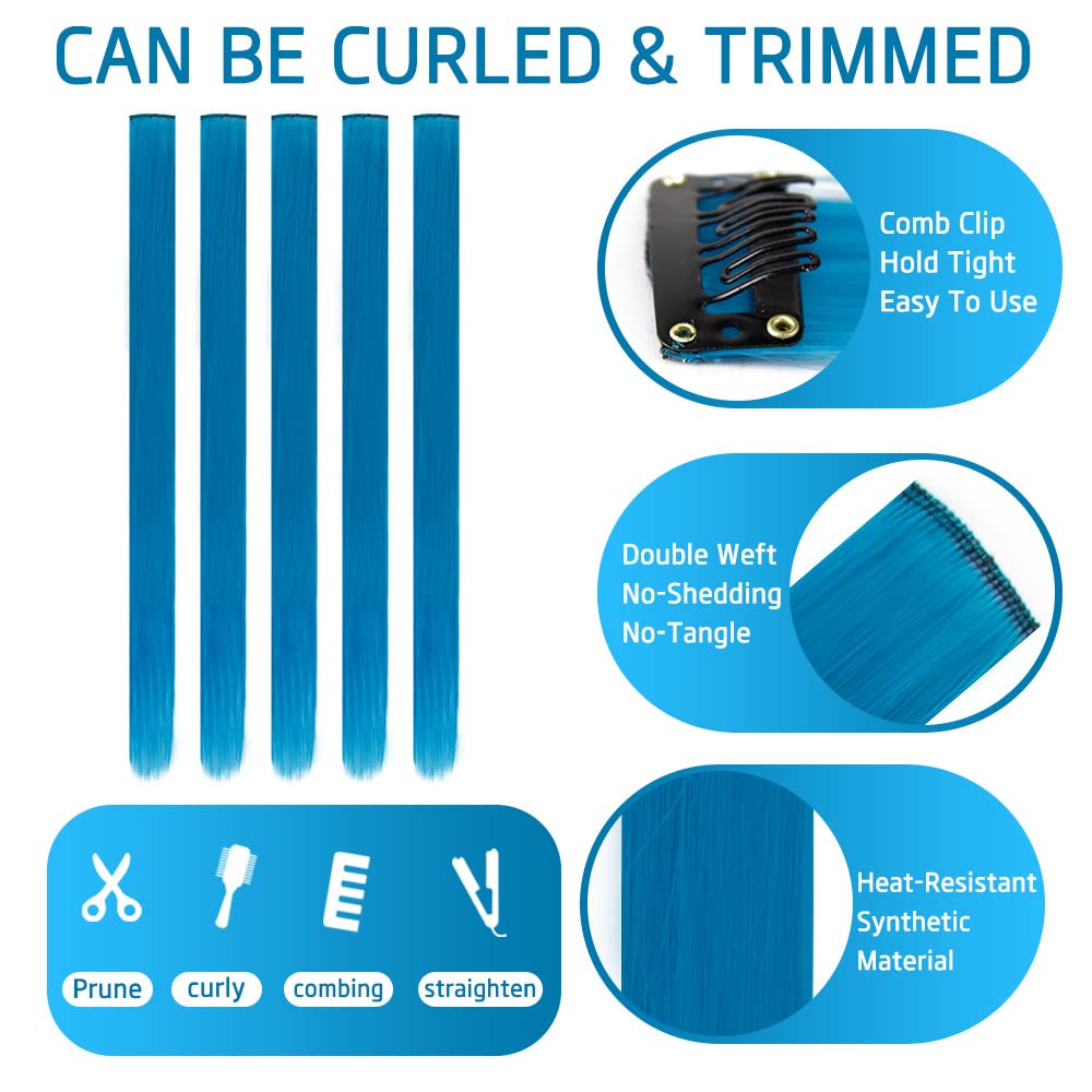 Extensiones de cabello sintético con clip de color de 20 pulgadas, 10 piezas de cabello lacio para fiesta, color azul marino