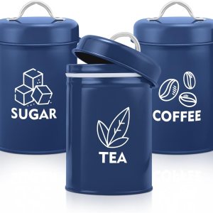 E-far Juego de recipientes para encimera de cocina, 3 piezas de metal para té, café, azúcar con tapa hermética para almacenamiento de alimentos, E-far Juego de recipientes para encimera de cocina, 3 piezas de metal para té, café, azúcar con tapa hermética para almacenamiento de alimentos,