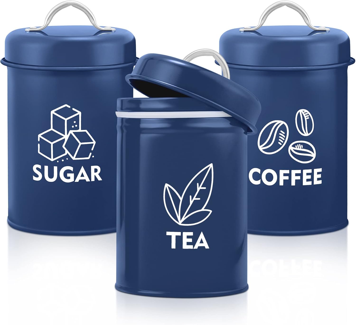 E-far Juego de recipientes para encimera de cocina, 3 piezas de metal para té, café, azúcar con tapa hermética para almacenamiento de alimentos,