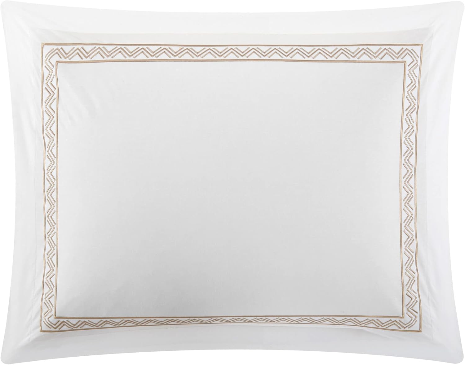 Chic Home Ella – Juego de funda de edredón de algodón de 7 piezas, color blanco liso, borde bordado de doble raya, detalles en zigzag de la