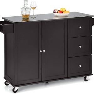 Giantex Isla de cocina con encimera de acero inoxidable, carrito de cocina con soporte para toallas y estante para especias, 3 cajones, estantes Giantex Isla de cocina con encimera de acero inoxidable, carrito de cocina con soporte para toallas y estante para especias, 3 cajones, estantes