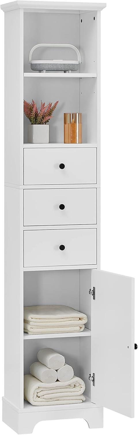 EPOFIT Armario de almacenamiento alto para baño con 4 estantes y cajón de almacenamiento, armarios de baño blancos independientes, gabinete estrecho