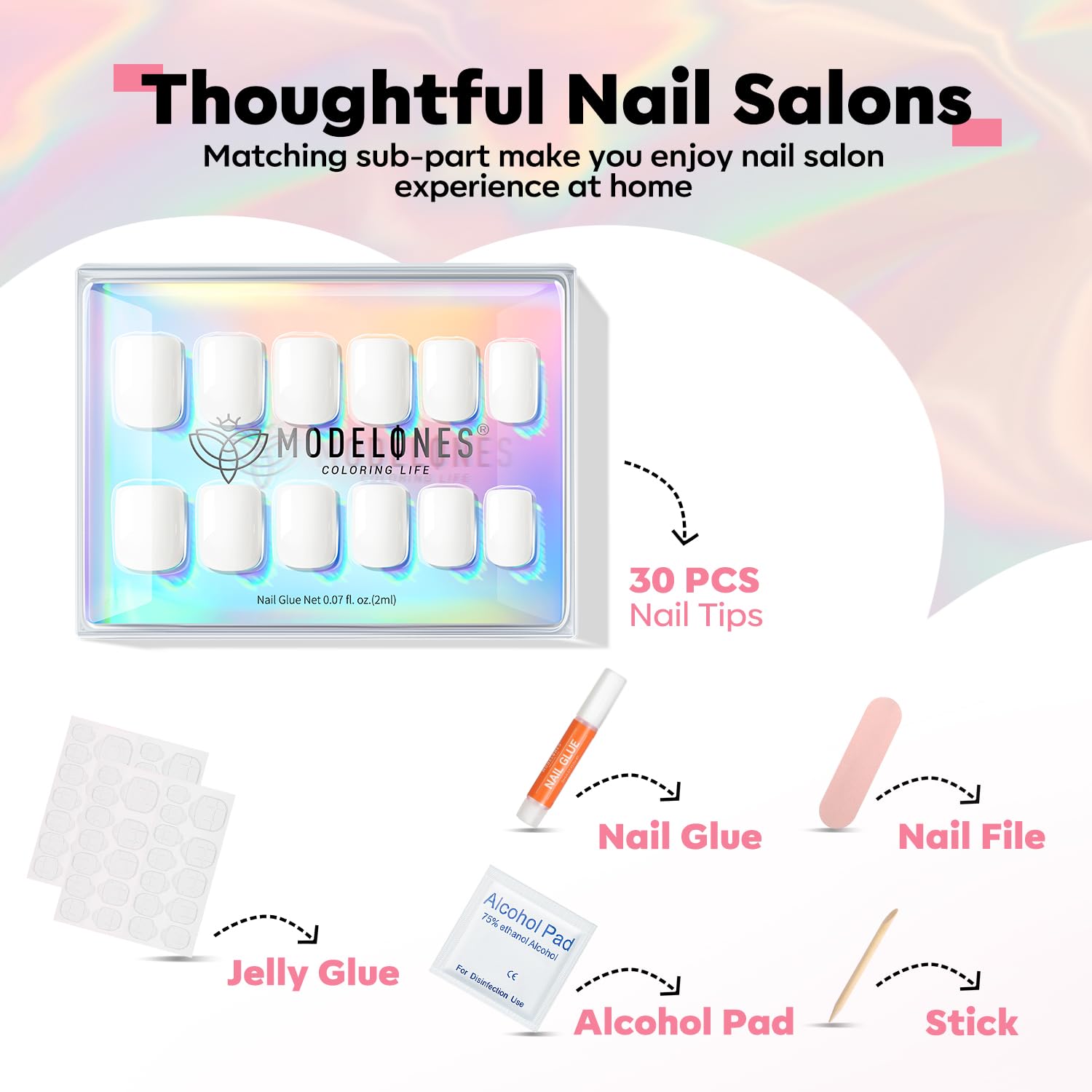 Modelones Uñas cortas a presión, uñas cuadradas a presión con pegamento de uñas, uñas blancas a presión, uñas postizas reutilizables, juego de uñas