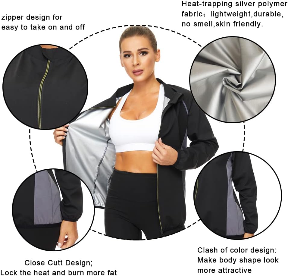 NINGMI Traje de sauna para mujer, chaquetas de sudor, camisa de entrenamiento de manga larga, parte superior adelgazante con cremallera, moldeador