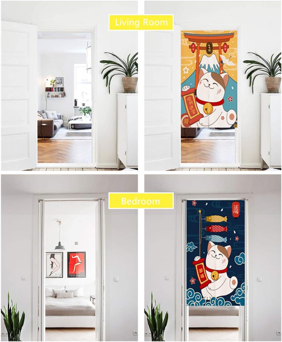 Cortina japonesa Noren para puerta, tapiz Maneki Neko Lucky Cat y Mount Fuji, cortina de puerta impresa Ukiyoe Cherry Blossom Divisor de habitación,