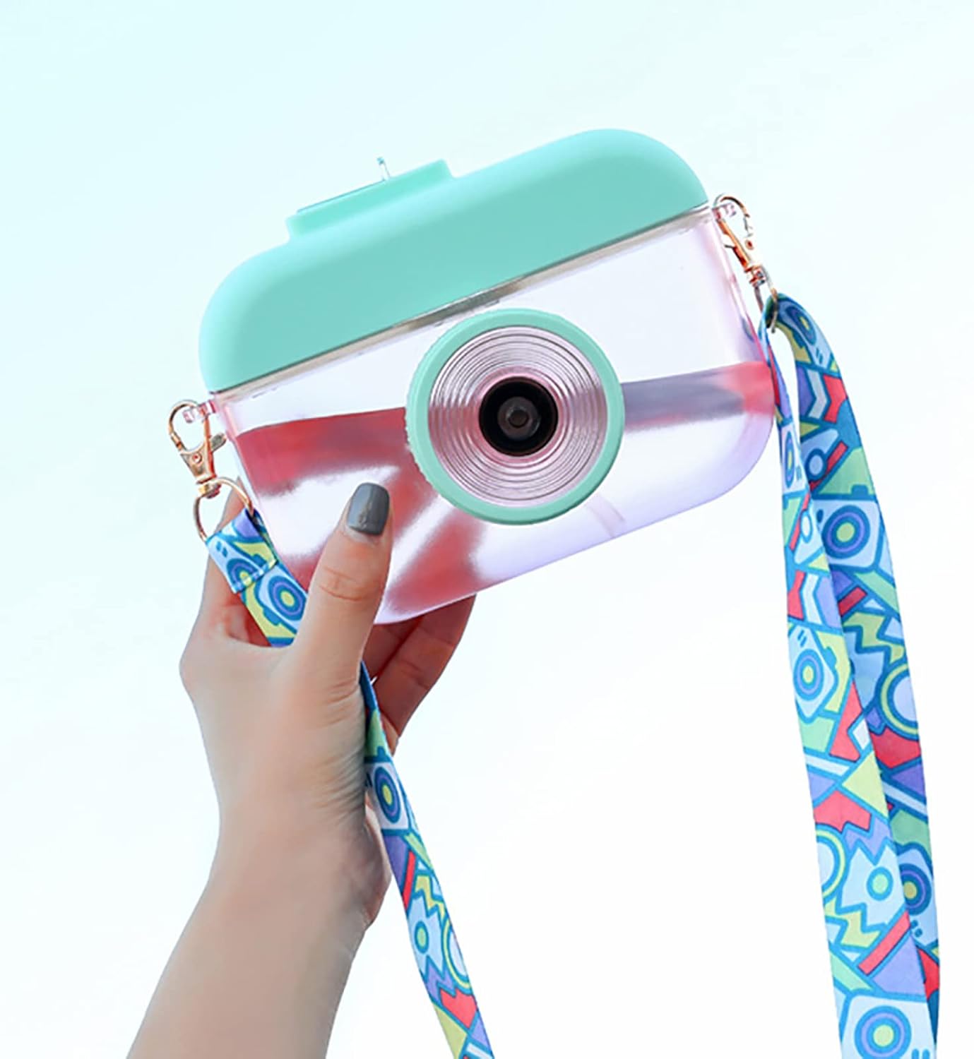 Botella de agua Kawaii con pajilla, botella de agua linda de 13.5 fl oz, sin BPA, botella de agua con forma de cámara con correa ajustable para el