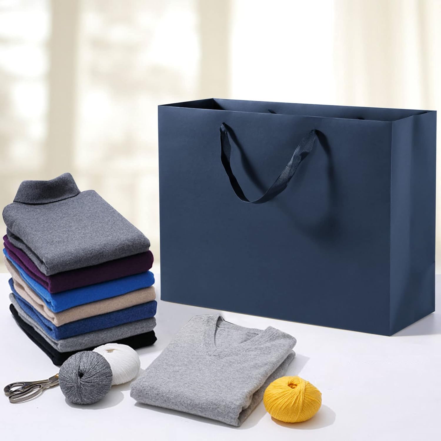driew Bolsas de regalo grandes, paquete de 12 bolsas de regalo extra grandes azul marino, asas de cinta, bolsas de regalo de papel resistente de