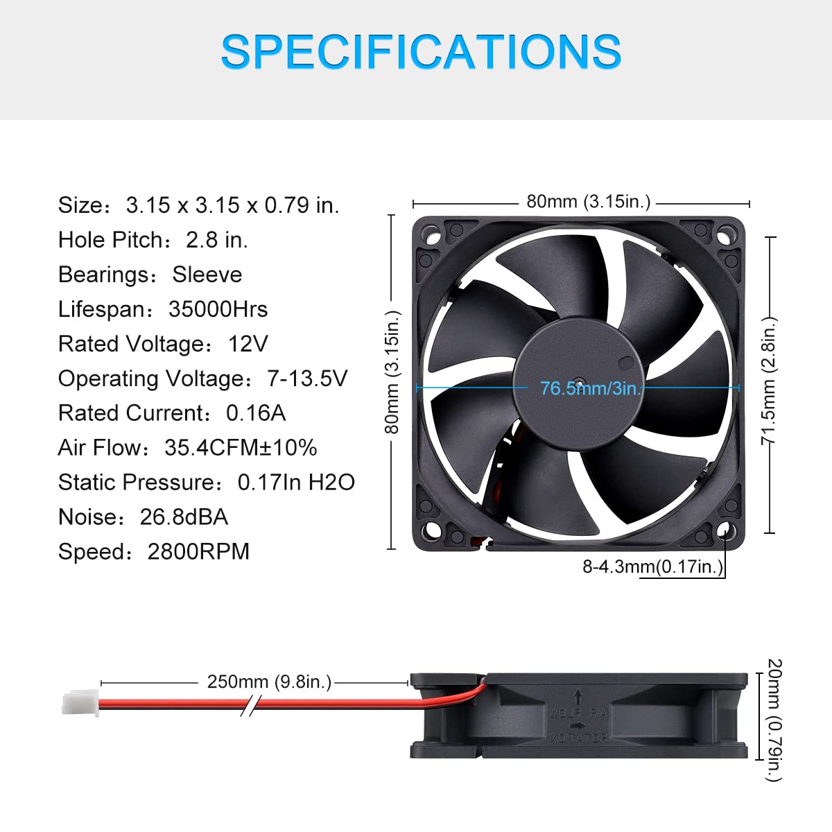 GDSTIME 3.150 in x 0.787 in 8020 12V DC sin escobillas ventilador de enfriamiento manga rodamiento 2Pin