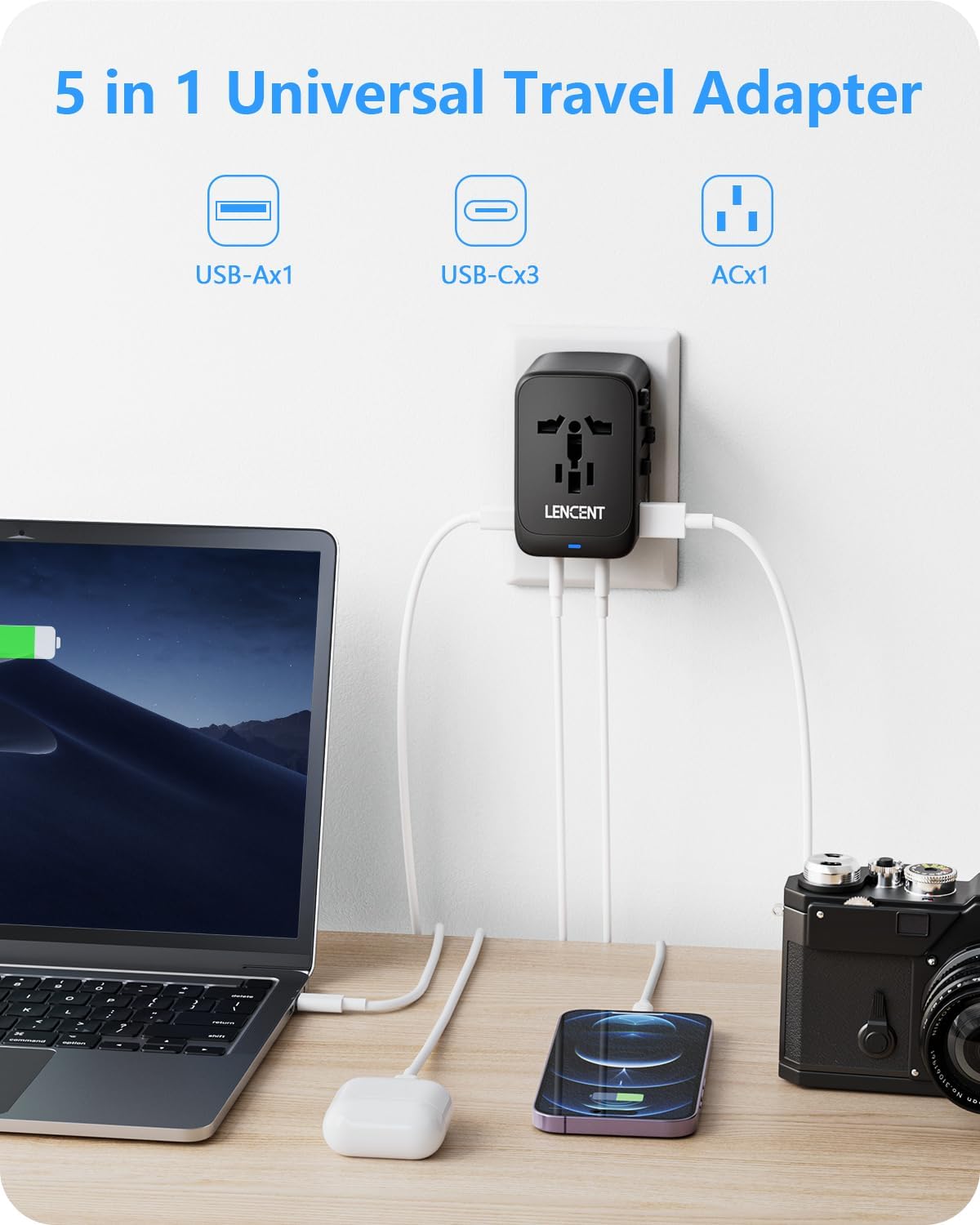 LENCENT Adaptador de viaje internacional, cargador de viaje universal GaN III de 65 W con 1 USB-A y 3 USB-C PD de carga rápida, adaptador de salida