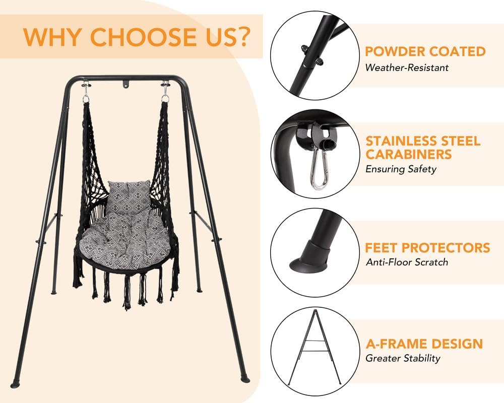 Lazy Daze Hammocks Silla columpio con soporte, silla colgante de macramé con cojín, soporte de hamaca de acero resistente, columpio colgante bohemio