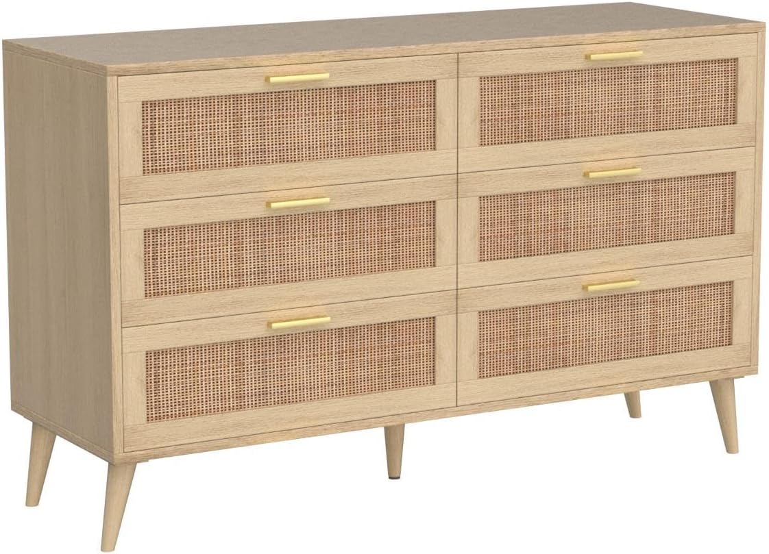 Rovaurx Cómoda doble de 6 cajones para dormitorio, cómoda de ratán, cómoda de madera moderna con asas doradas, mesa auxiliar para armario, sala de